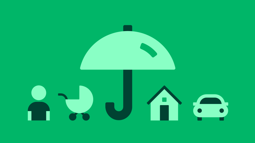 Familie, bil og hus beskyttet under paraply 